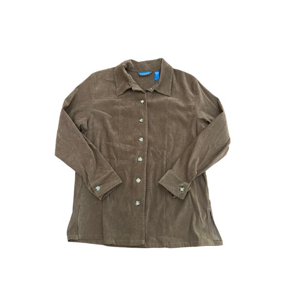 Karen Scott Sport Poly-Spandex Womens L Brown Long Sleeve Button Up Suede-Like - Picture 1 of 5